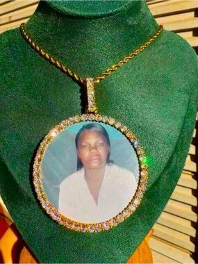 Custom Photo Gold-Tone Round Pendant Necklace with Clear Crystal Halo